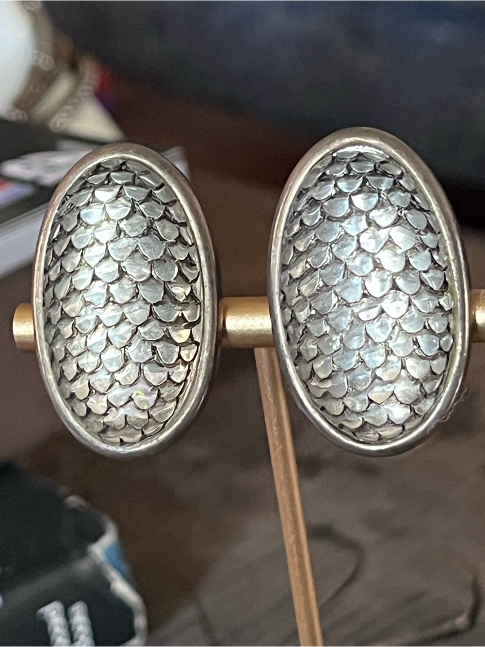 Iridescent Glass Silver Scale Textured Oval Clip-On Earrings - Mermaid Dragon
